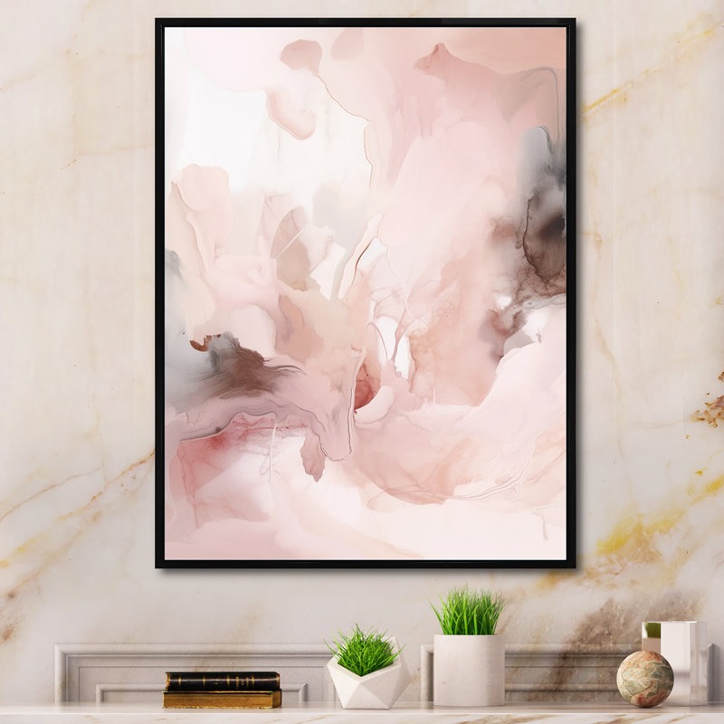 Rose délicat abstrait marbre III - art mural abstrait en marbre, H 20 po x l 12 po x P 1 po, Cadre flottant noir