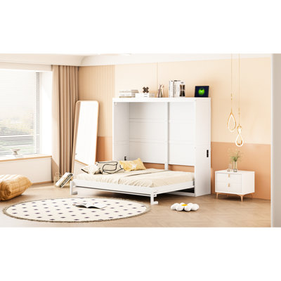 Full Size Wall Bed In White - Space Saving For , Comfortable With Flexible Mattress Support Foldable Saver Apartment, Slats