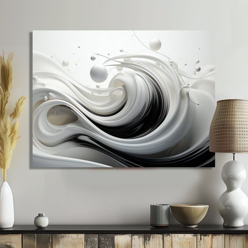 Liquide «Bliss» tourbillonnant noir et blanc I - spirales abstraites, décoration murale, Toile tendue