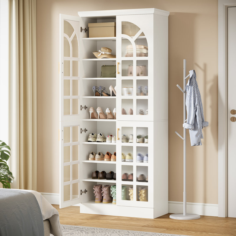 Armoire à chaussures à 8 niveaux avec portes et lumières DEL, Blanc