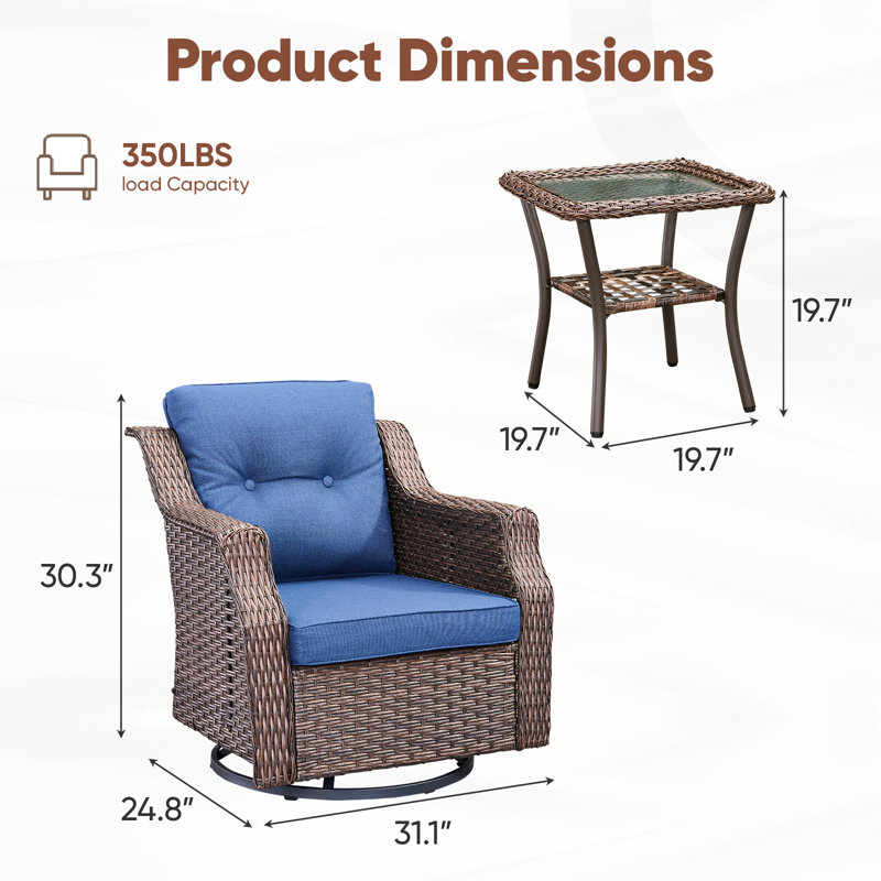 Chaises berçantes pivotantes d'extérieur en rotin 3 pièces avec table d'appoint en verre, Bleu
