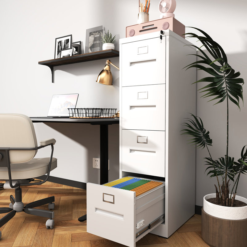 4 Drawer Vertical Filing Cabinet, A4/Legal/Letter Storage, Steel, Tilting Design, Quiet Operation, White