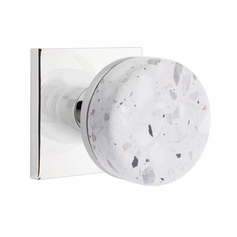 Ensemble de boutons Emtek Select, rosette carrée, tige conique, bouton Terrazzo clair, Chrome poli
