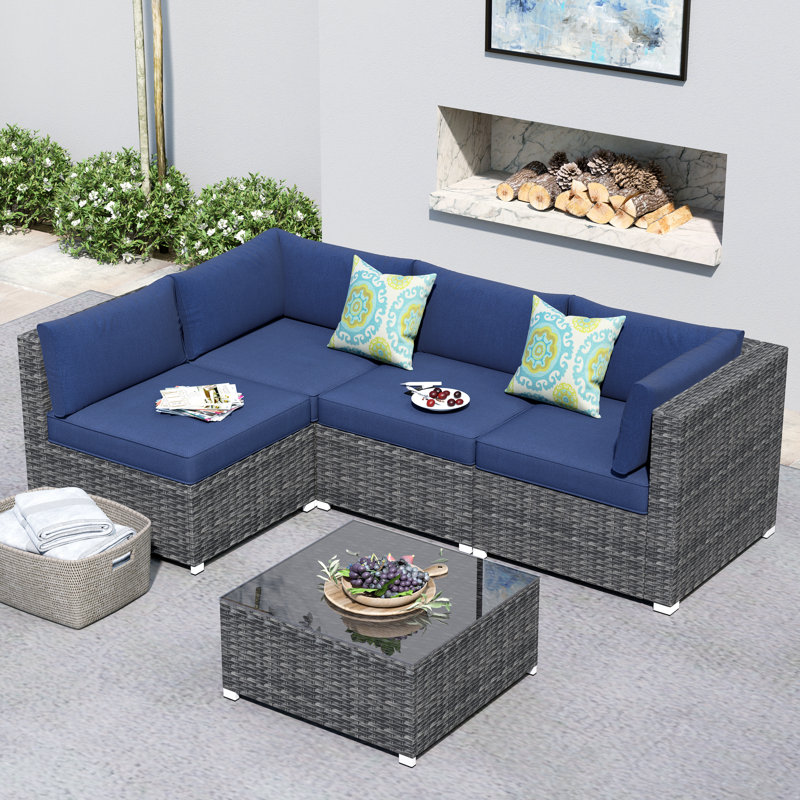 4 - Person Patio Conversation Set with Cushions, Blue, No
