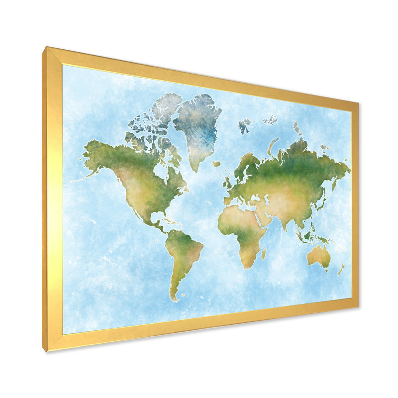 Carte du monde en vert et bleu - Cadre photo, impression sur toile, H 30 po x l 40 po x P 1,5 po, Cadre photo doré