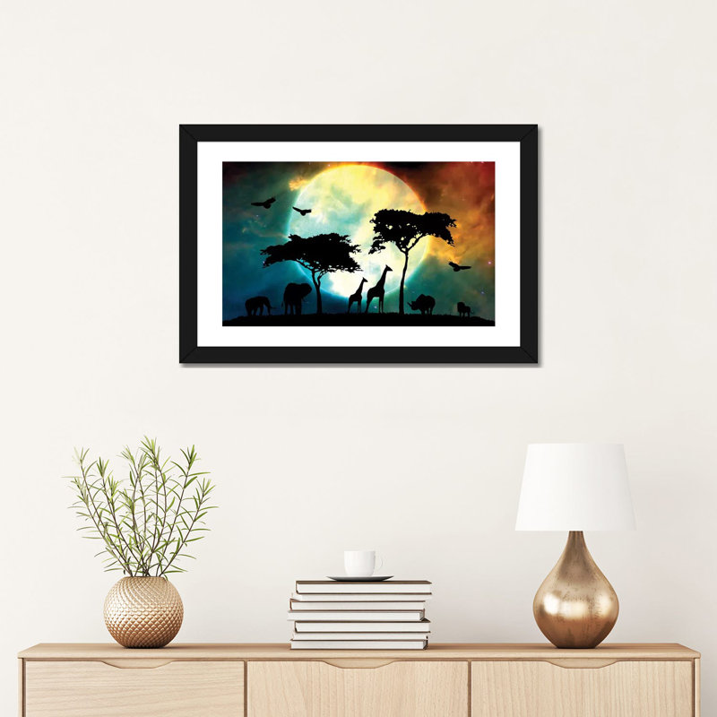 «Midnight Safari» par Adrian Baldovino - impression d'art graphique, H 16 po x l 24 po x P 1 po, Papier encadré noir