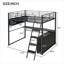Lit mezzanine double, construction en métal avec DEL intégrée, bureau intégré et 4 tablettes de rangement, noir élégant