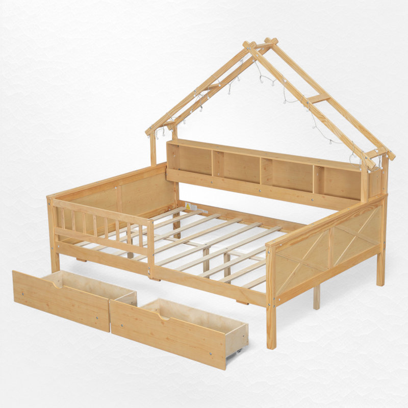Full Size Wood Platform Bed With Storage And Guardrail, Natural