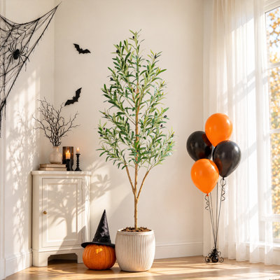 Olivier artificiel de 1,5 m avec tronc en bois naturel, feuilles et olives en soie réalistes, plante en pot avec pot noir pour la décoration intérieure et extérieure (salon, bureau, entrée, terrasse), cadeau idéal pour l'Halloween, Noël et Thanksgiving.