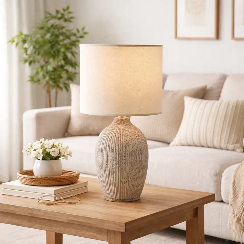 Fera Table Lamp, Beige Ceramic Base And Linen Drum Shade, 18 Inch, Beige