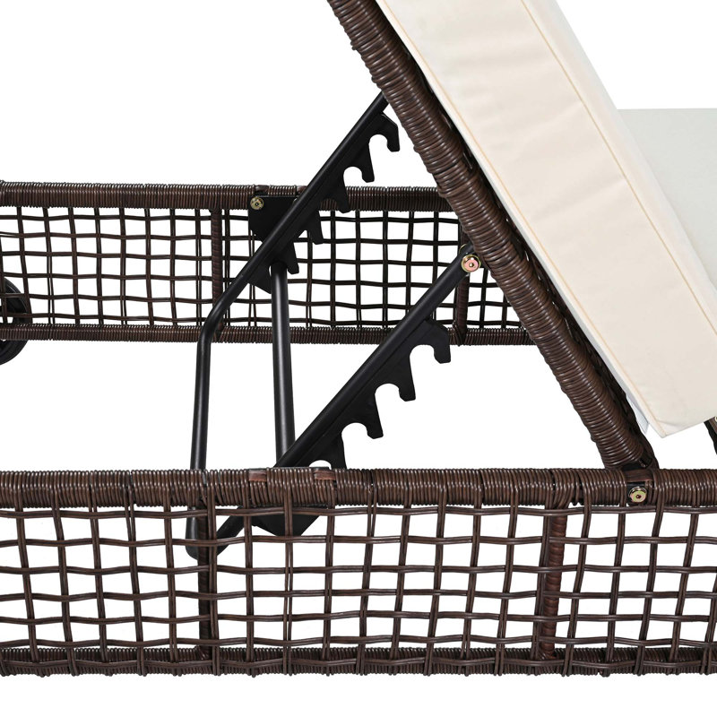 Set Of 2 Patio Chaise Lounge With 5-Position Backrest, Cushion & Wheels, 1, Brown