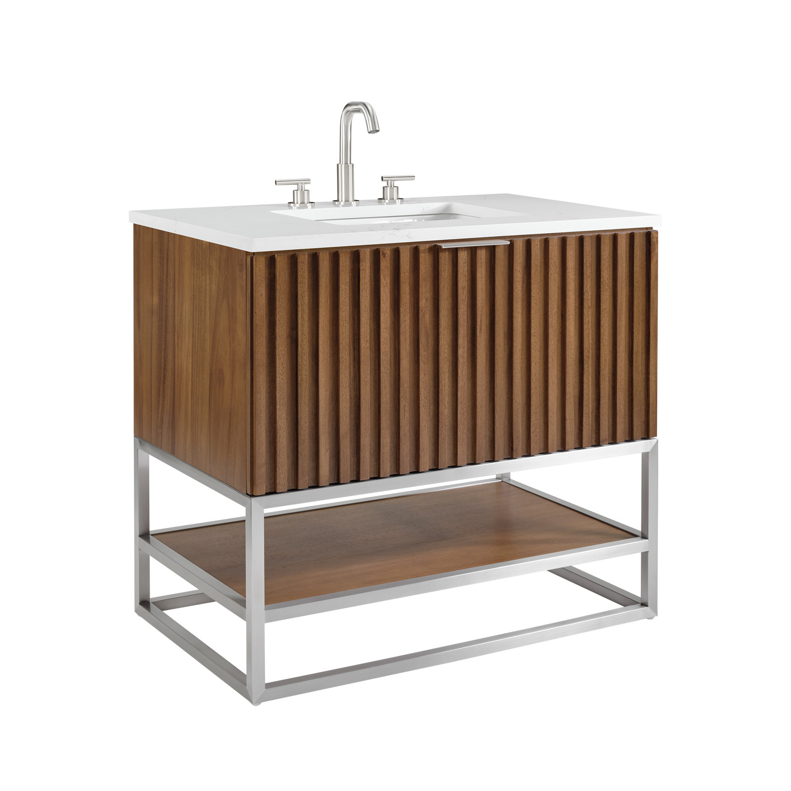 Terra 36'' Single Bathroom Vanity, White Quartz/Single Faucet Mount, Walnut, Brushed Nickel