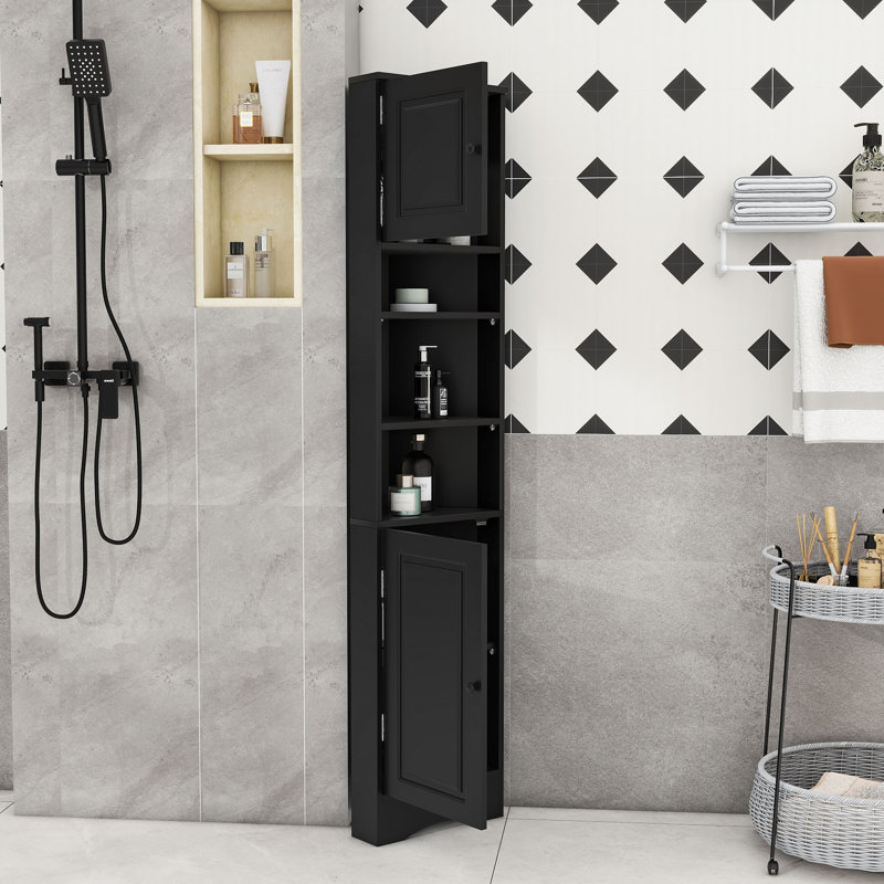 Grande armoire de coin autoportante Vanbrunt avec tablettes réglables et portes à motif rainuré, Black