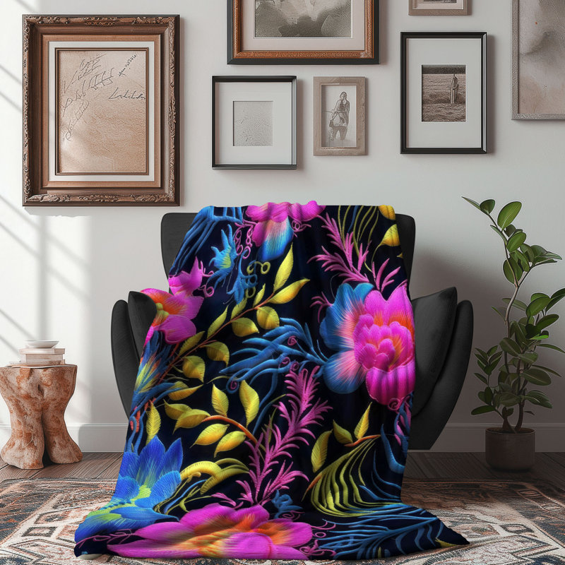Jeté Bold Neon Stitchwork - 1 pièce Sherpa Blan Premium, Grand lit