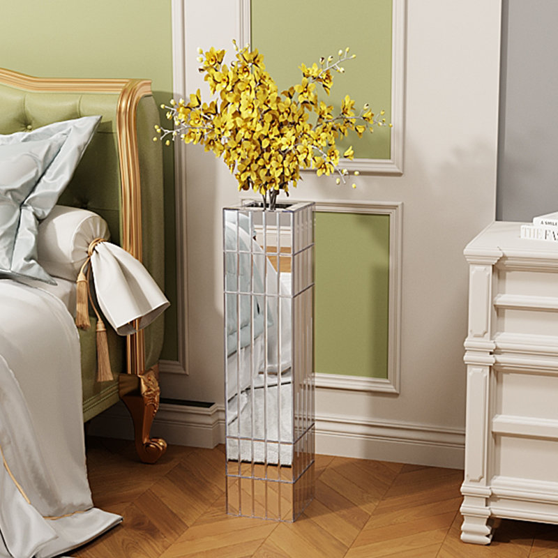 Grand vase de plancher à miroir de 29,92 po (76 cm) pour décoration intérieure Grand vase cubique en argent pour fleurs séchées
