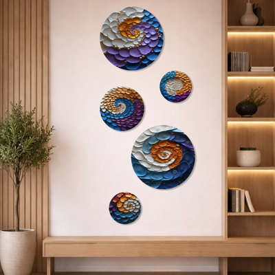 Purple And Blue Fractal Universe Spiral IV - Abstract Spirals Metal Wall Art 5 Piece Set