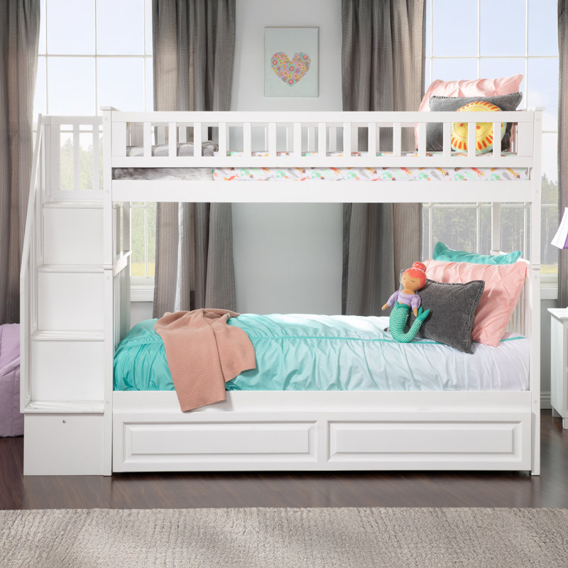 Henden Solid Wood Standard Staircase Bunk Bed with Twin Roll Out Trundle, White, Twin over Twin