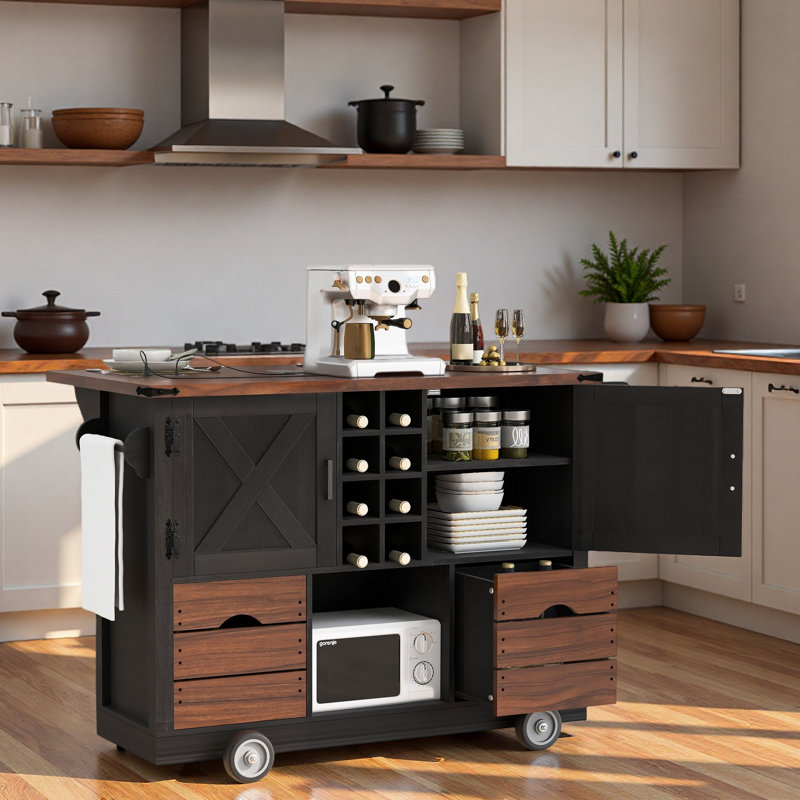Rolling Kitchen Island With Drop Leaf, Power Outlet, 2 Cabinets, 2 Drawers, 4 Large Wheels, Spice Rack And Removable Hollow Wine Rack