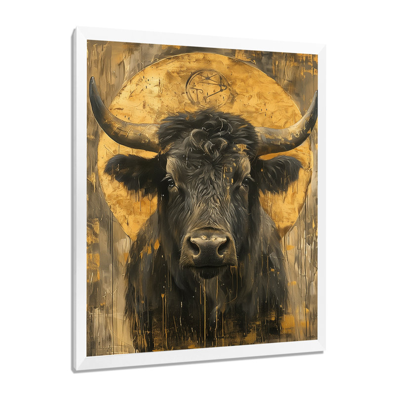 Golden Taurus Zodiac Portrait - Bétail, reproduction d'art murale, Toile encadrée blanche avec une seule photo