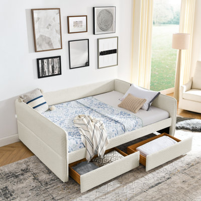 Tyvessa  Modern Bouclé Fabric  Upholstered Daybed with Trundle & Storage Drawers Tufted Design for Bedroom, Living Room & Guest Space