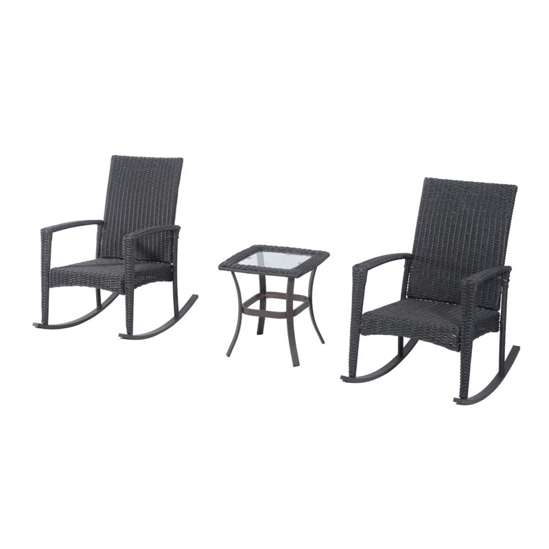 3 Pieces Rocking Chair Table Set Wicker Bistro Set with Coffee Table, Grey