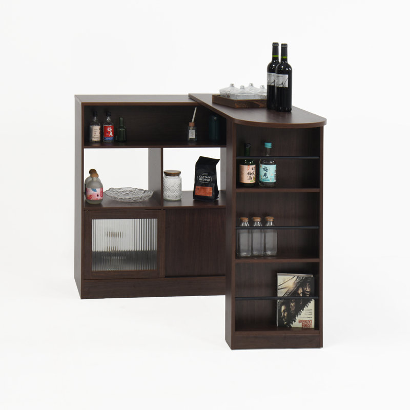 Modern Walnut Bar Cabinet With Rotating Top – 6 Storage Spaces & Ribbed Glass Doors For Dining & Living Room