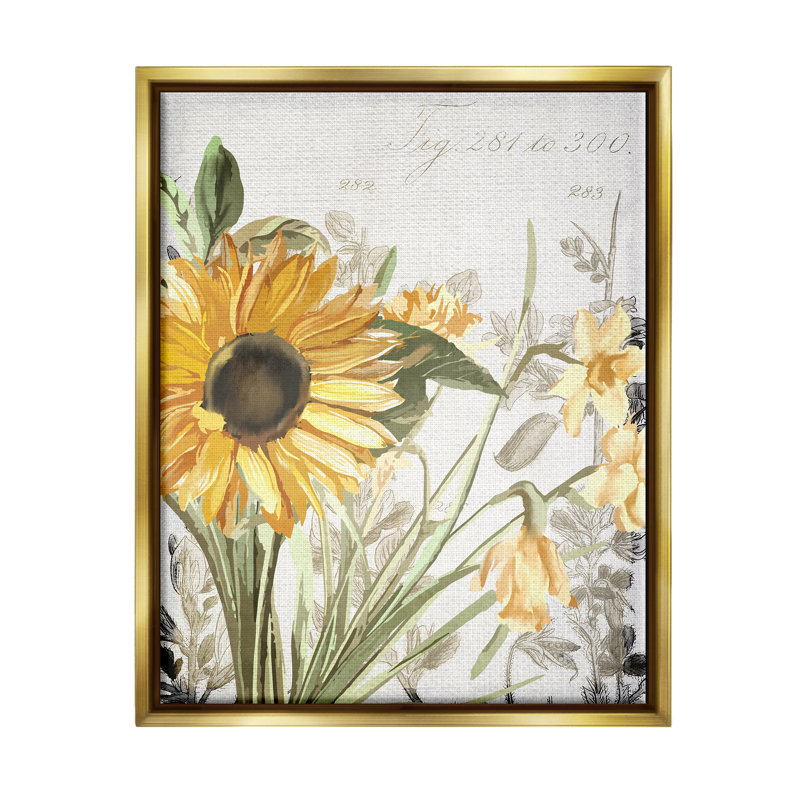 Doux tournesol, art floral sur toile, par Kim Allen, H 21 po x l 17 po x P 1,7 po, Cadre flottant métallique doré