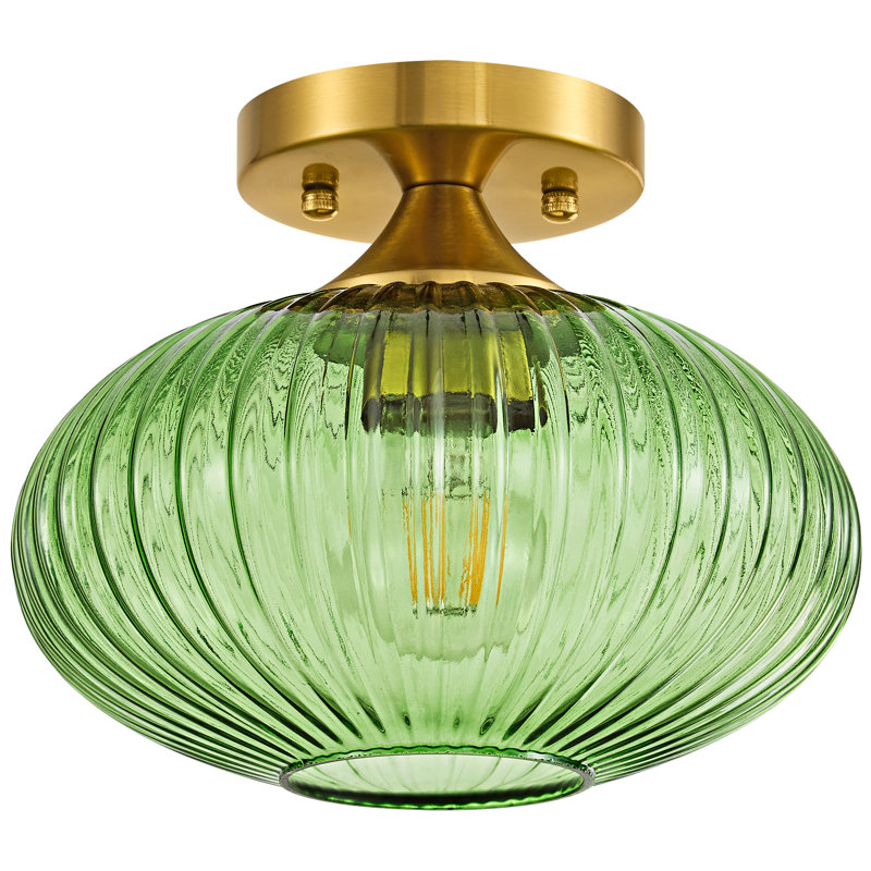 Vintage Green Ribbed Glass Flush Mount Ceiling Light - Gold Finish, E26 Compatible For Entryway, Hallway, Bedroom & Living Room