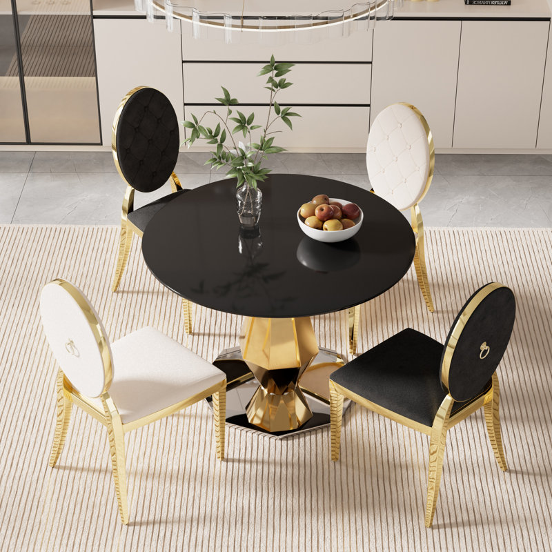 Ensemble de table de salle à manger rectangulaire en verre trempé avec chaise capitonnée Luxtury, Or/argent