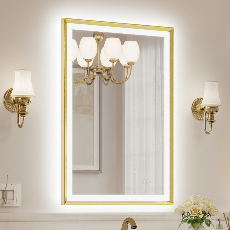 Modern Bathroom LED Mirror with Tempered Glass, Beveled Frame Vanity  Aluminum Frame Wall Mirror, Brushed Gold, 24" x 36"