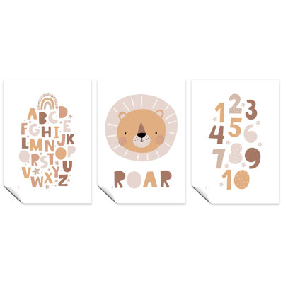 Brown Alphabet, Numbers Educational Classroom 3 Piece Wall Art