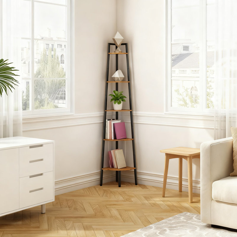 5-Tier Corner Shelf With Metal Frame, Industrial Ladder Display Stand For Living Room, Kitchen, Home Office And Small Spaces