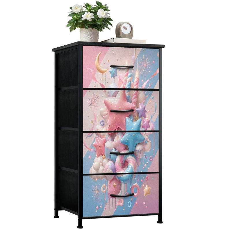4 Drawer Vertical Storage Dresser Pastel Candy Star Fantasy Pink Blue Sweet Treats Sparkles Whimsical 3D with Wood Top Fabric Pull Drawers