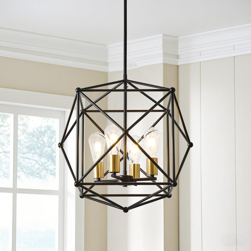 4-Light Black & Gold Geometric Cube Cage Pendant Light with Adjustable Hanging Rod