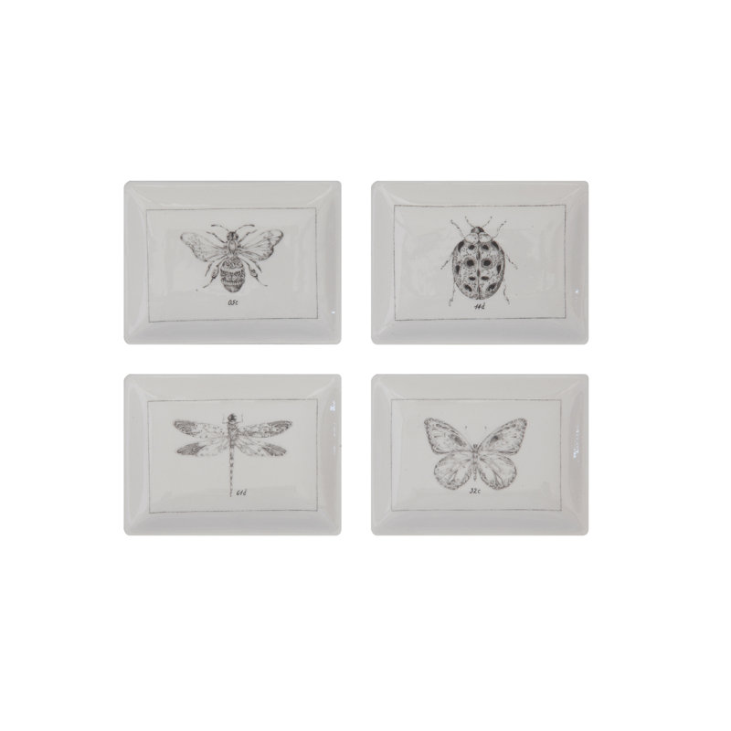 Insect Print Rectangular Ceramic Bread and Butter Plate Set