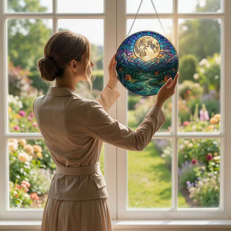7.8"H Moonlight Mountains Stained Glass Window Panel, 7.8" H x 7.8" W