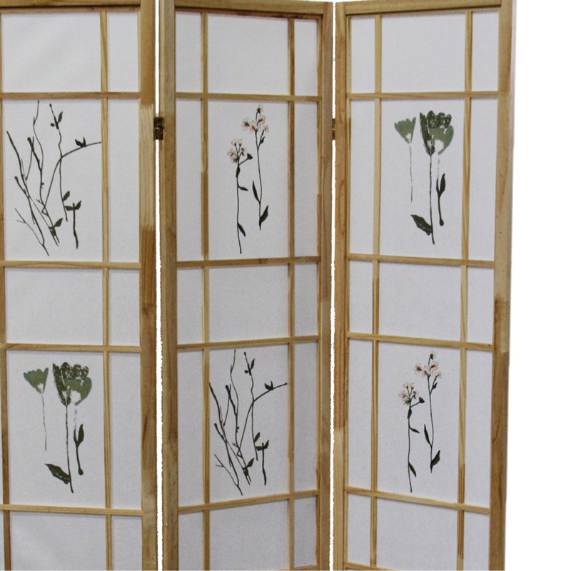 Cloison 3 traditionnelle de style asiatique de 70 po en pin massif naturel avec imprimé floral, écran 50 po x 70 po 3 po pour finition et impression sur pin, asiatique