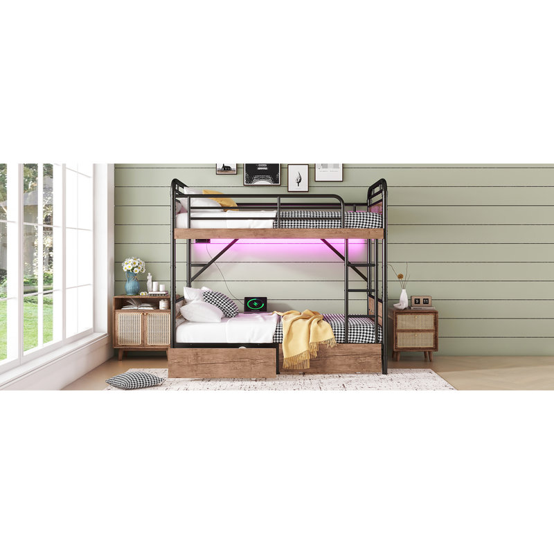 Twin Xl Over Metal Bunk Bed With Led Strip, Charge Station, Two Storage Drawers, Detachable, Rounded Edges, Head And Foot Panels Black Detachable 3 - Step Comfort ,