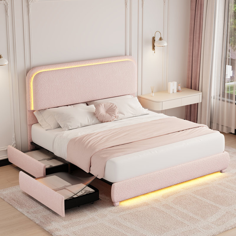 LED Teddy Fleece Platform Bed Frame with 2 Free-Combination Storage Drawers, Pink, Queen
