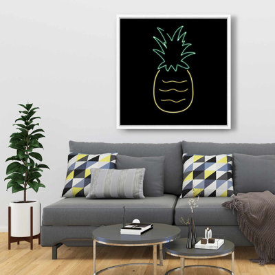 Neon Pineapple - Toile encadrée noire exotique pour la décoration intérieure