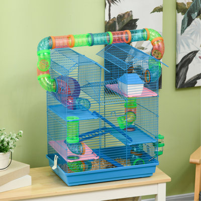 Blue 18.5" 5 Tier Hamster Cage With Tubes & Tunnels, Small Animal Food Dish, Water Bottle, Exercise Wheel, Lightweight And Air Circulation Boost - Blue, Enclosing Tubes, Ventilation Advancement