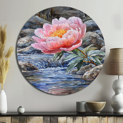 Peonies And The Mountain River I - Peonies Round Metal Wall Art, Traditional Pink Metal Art Print