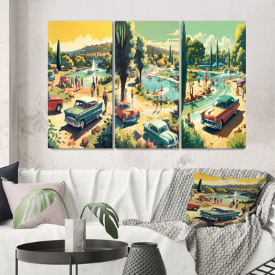 «50'S Vintage Cars By The Beach», 3 pièces sur toile