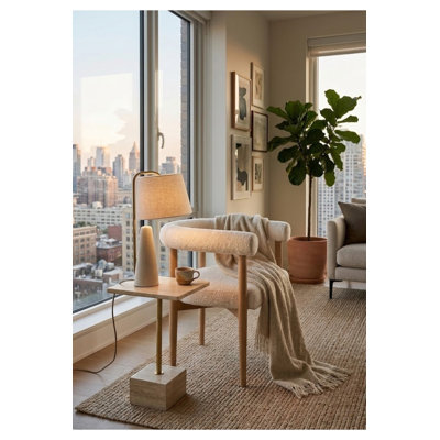 Pangea Home Bloom Accent Chair – White Bouclé Upholstered Chair Armchair with Natural Wood Frame, Modern Scandinavian Lounge Chair