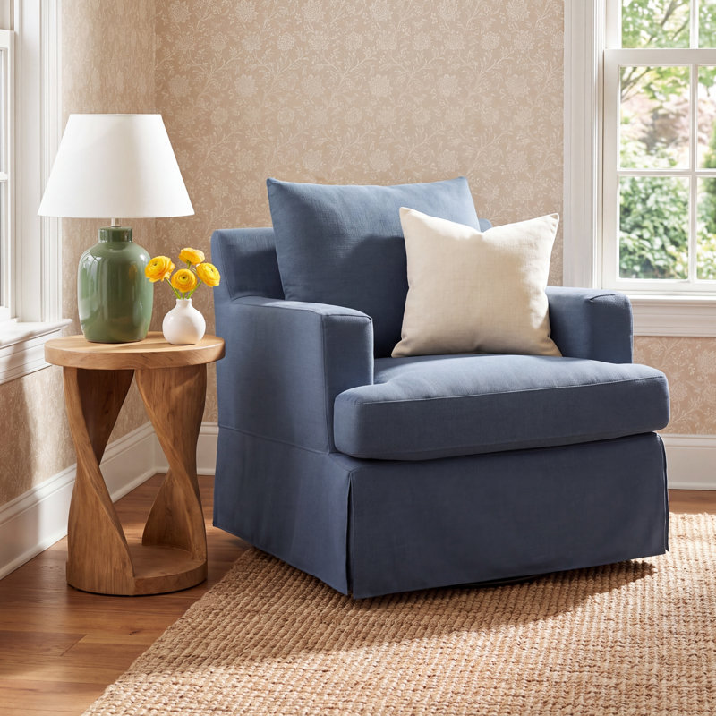 Lucie Slipcovered Swivel Chair, Slate Blue