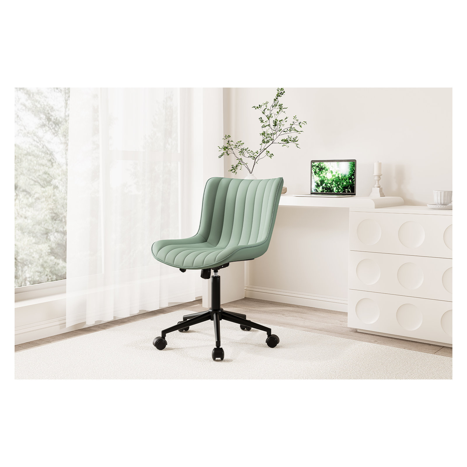 Brionni Leather Swivel Task Chair with Casters, Mint Green Seat/Black Frame