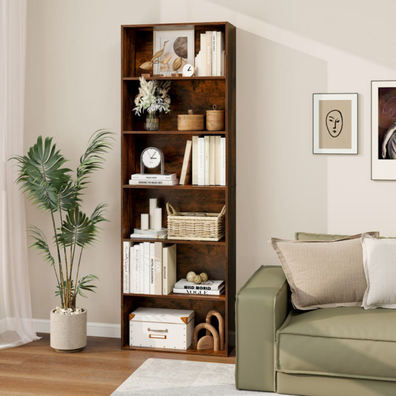 Bibliothèque à 6 niveaux avec 6 tablettes ouvertes et ensembles anti-surmatelas, Brun rustique