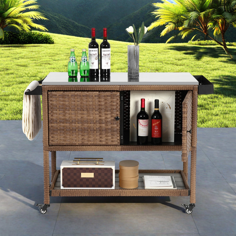 Outdoor Rolling Wicker Bar Cart With Stainless Steel Table Top, Storage Cabinet, Open Storage Space And Towel Rack