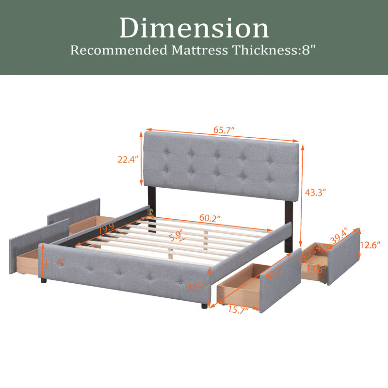 Lit plateforme avec rangement Bodwar, Gris clair
