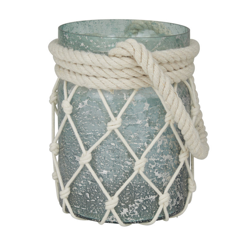 Glass Decorative Indoor Outdoor Candle Lantern with Rope Handle, 14" H x 5" W x 5" D, Teal
